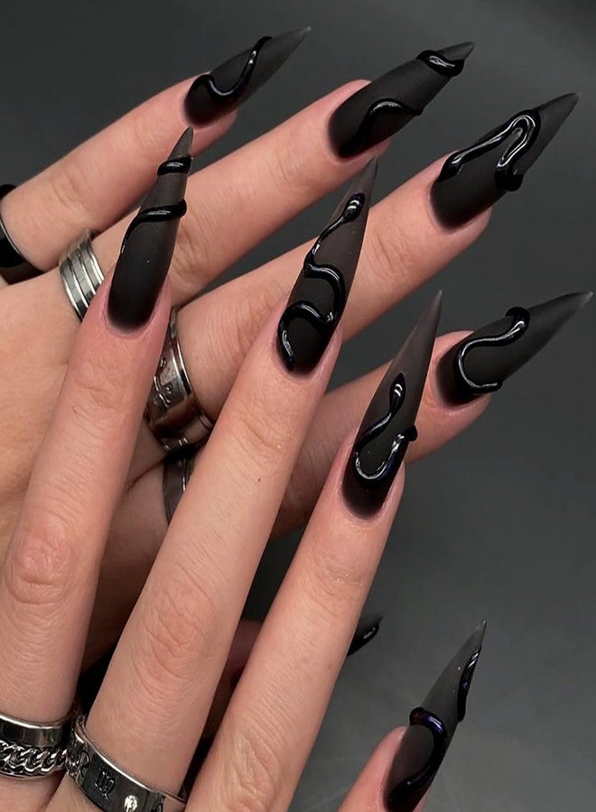 GRITOSE 24 Pcs Matte Black Press on Nails Stiletto Long Fake Nails with Glue Full Cover Artificial False Nails with Snake Design Acrylic Black Nails Press ons Halloween Nail Reusable Stick on Nail for Women - Image 1